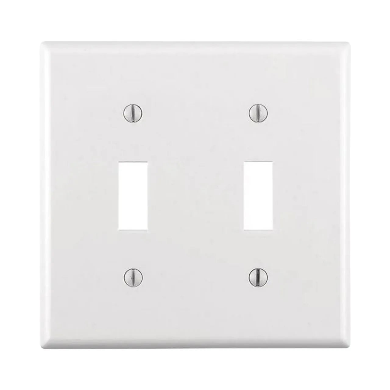 The Go Build 2-Gang Toggle Wall Plate - White features two rectangular openings, durable thermoset plastic construction, and four visible screws—ideal for compatible double switch setups.